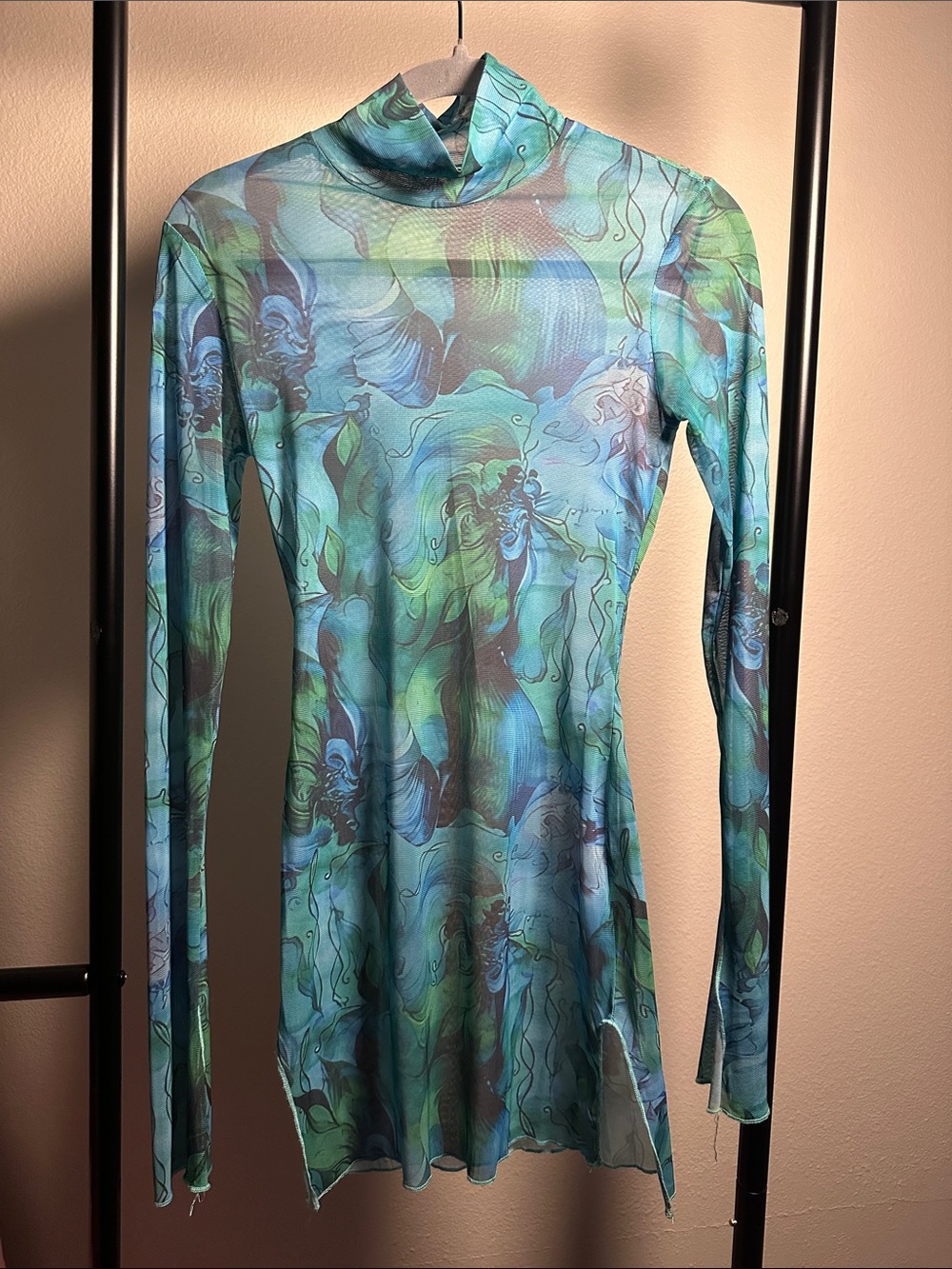 Sheer Blue-Green Printed Mini Dress